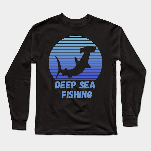 Deep Sea Fishing, Blue Retro Sunset Hammerhead Long Sleeve T-Shirt by Grove Designs